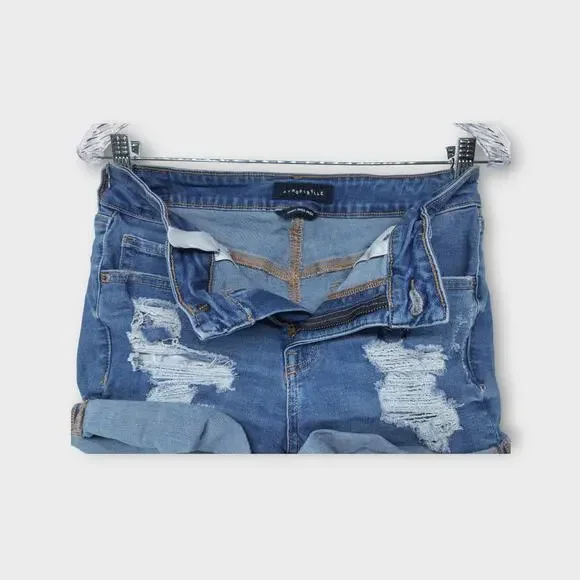 Womens Aeropostale High Rise Midi Distressed Blue Jean Shorts Size 8 - Picture 2 of 4